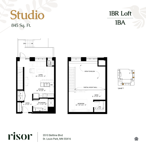 Floor plan for 1 bed, 1 bath, 845 sqft